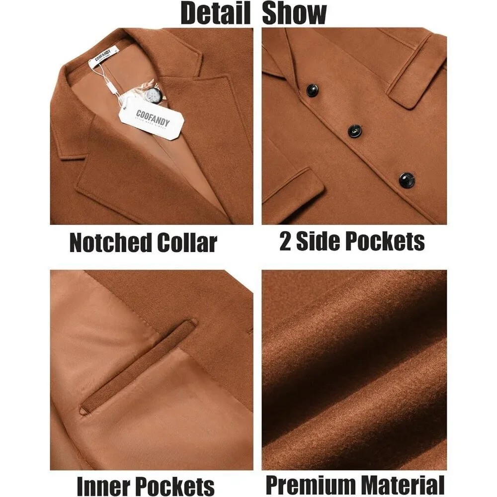 Men's Brown Trench Coat Long Casual Notched Collar Wool Blend Pea coat